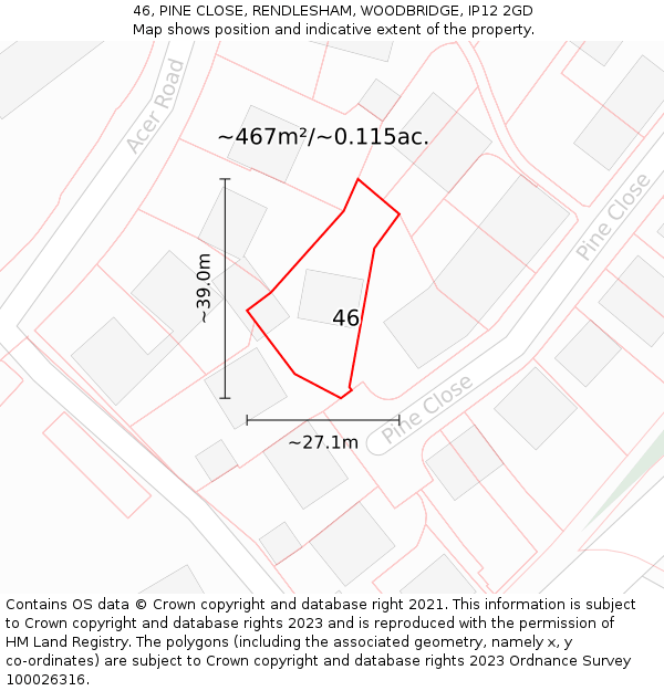 46, PINE CLOSE, RENDLESHAM, WOODBRIDGE, IP12 2GD: Plot and title map