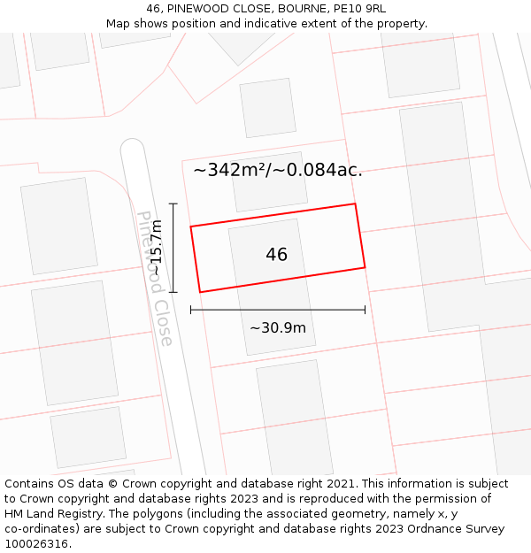 46, PINEWOOD CLOSE, BOURNE, PE10 9RL: Plot and title map