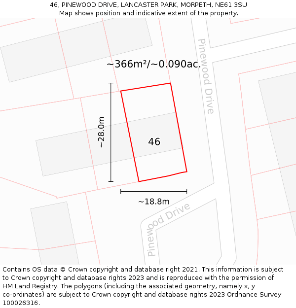 46, PINEWOOD DRIVE, LANCASTER PARK, MORPETH, NE61 3SU: Plot and title map