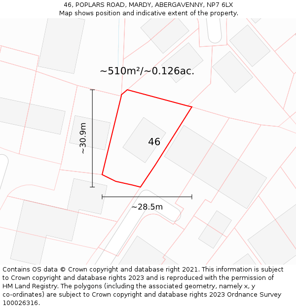 46, POPLARS ROAD, MARDY, ABERGAVENNY, NP7 6LX: Plot and title map