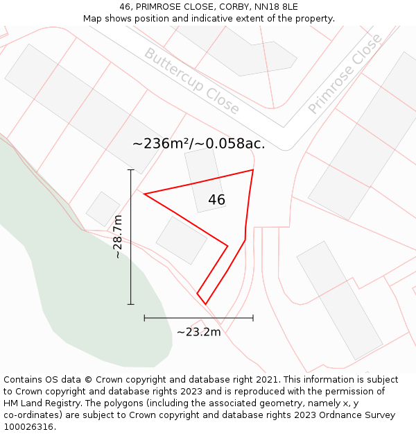 46, PRIMROSE CLOSE, CORBY, NN18 8LE: Plot and title map