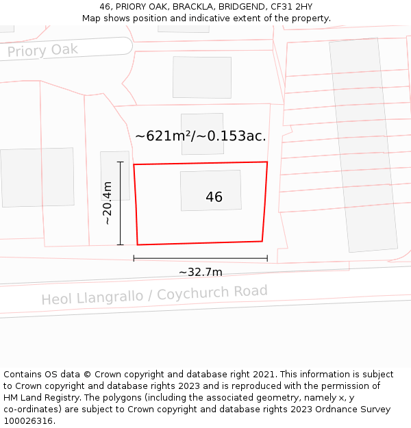 46, PRIORY OAK, BRACKLA, BRIDGEND, CF31 2HY: Plot and title map