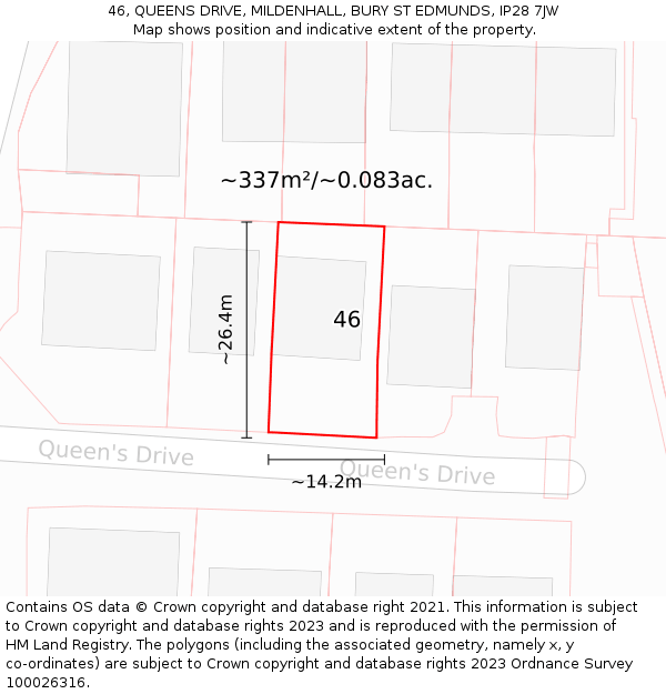 46, QUEENS DRIVE, MILDENHALL, BURY ST EDMUNDS, IP28 7JW: Plot and title map