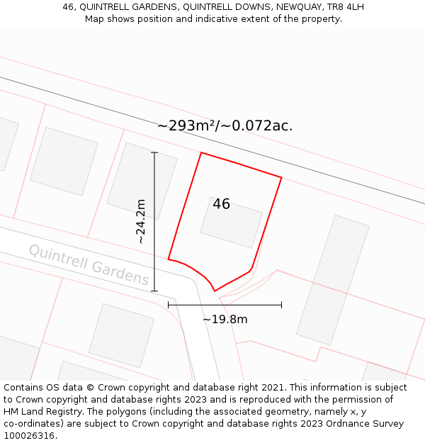 46, QUINTRELL GARDENS, QUINTRELL DOWNS, NEWQUAY, TR8 4LH: Plot and title map