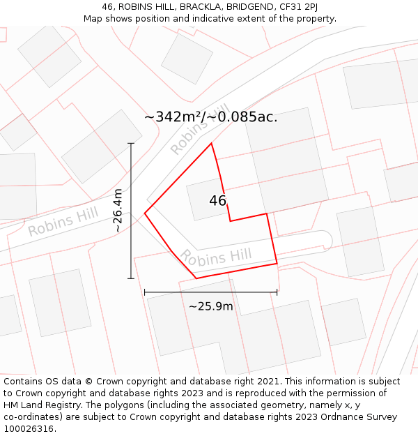 46, ROBINS HILL, BRACKLA, BRIDGEND, CF31 2PJ: Plot and title map