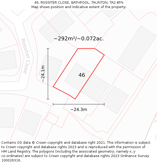 46, ROSSITER CLOSE, BATHPOOL, TAUNTON, TA2 8FN: Plot and title map