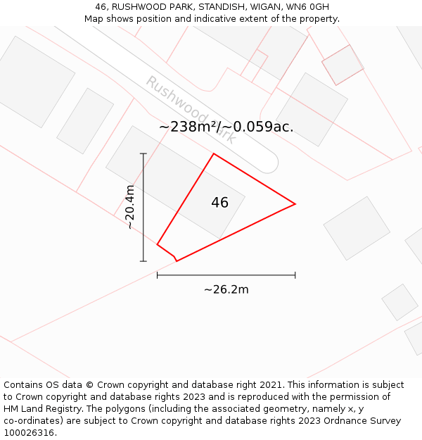 46, RUSHWOOD PARK, STANDISH, WIGAN, WN6 0GH: Plot and title map