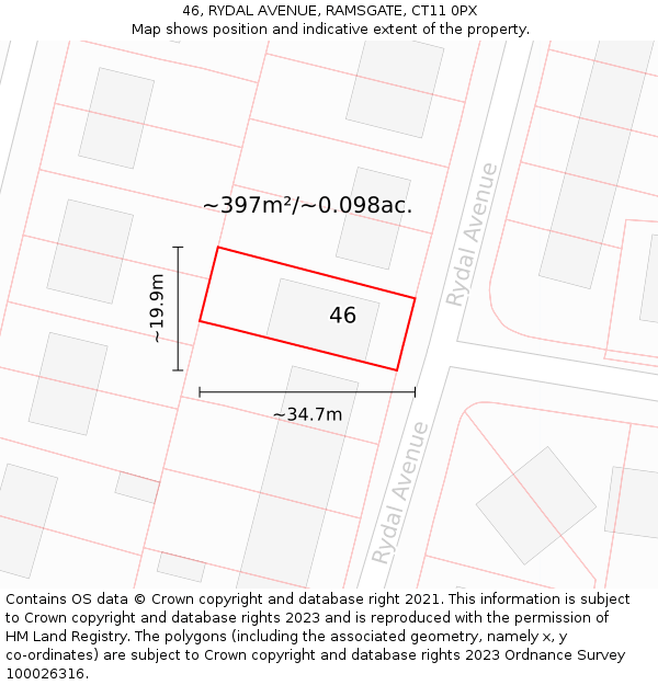 46, RYDAL AVENUE, RAMSGATE, CT11 0PX: Plot and title map
