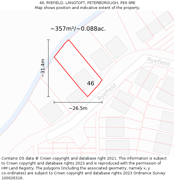 46, RYEFIELD, LANGTOFT, PETERBOROUGH, PE6 9RE: Plot and title map