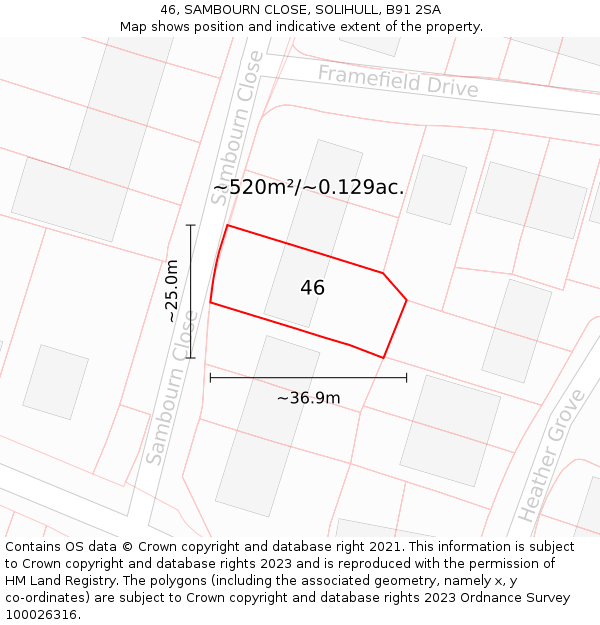 46, SAMBOURN CLOSE, SOLIHULL, B91 2SA: Plot and title map