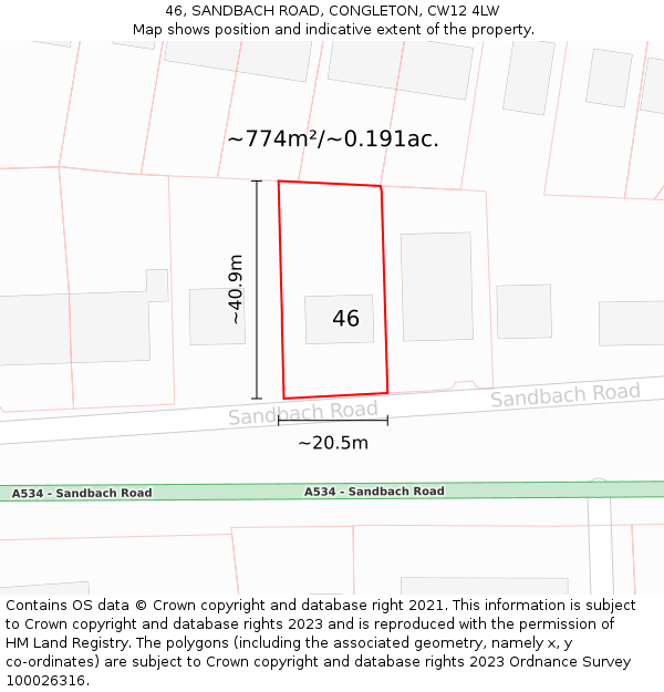 46, SANDBACH ROAD, CONGLETON, CW12 4LW: Plot and title map
