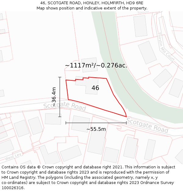 46, SCOTGATE ROAD, HONLEY, HOLMFIRTH, HD9 6RE: Plot and title map