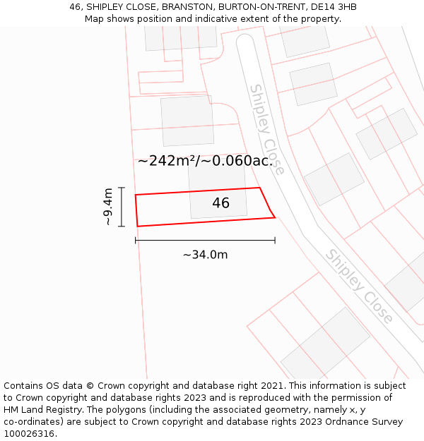 46, SHIPLEY CLOSE, BRANSTON, BURTON-ON-TRENT, DE14 3HB: Plot and title map