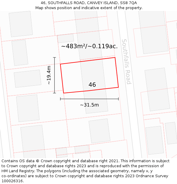 46, SOUTHFALLS ROAD, CANVEY ISLAND, SS8 7QA: Plot and title map