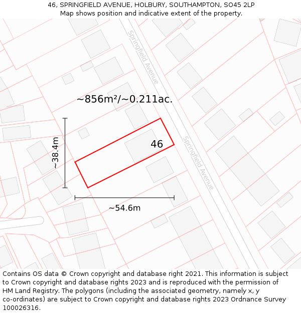 46, SPRINGFIELD AVENUE, HOLBURY, SOUTHAMPTON, SO45 2LP: Plot and title map