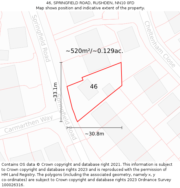 46, SPRINGFIELD ROAD, RUSHDEN, NN10 0FD: Plot and title map