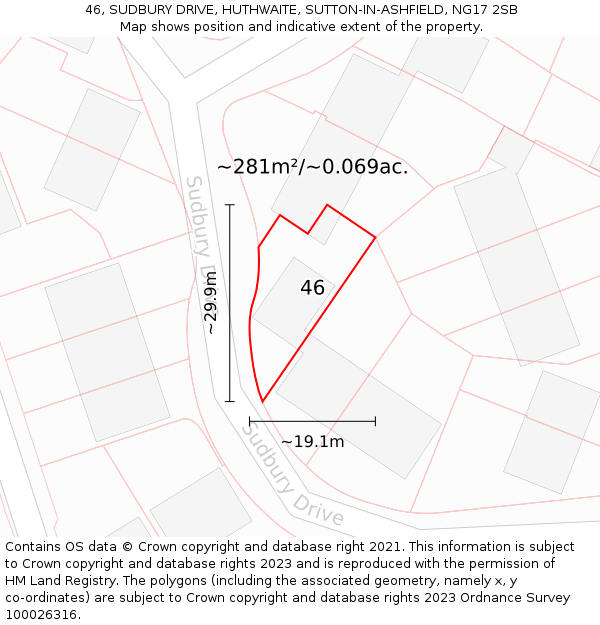 46, SUDBURY DRIVE, HUTHWAITE, SUTTON-IN-ASHFIELD, NG17 2SB: Plot and title map