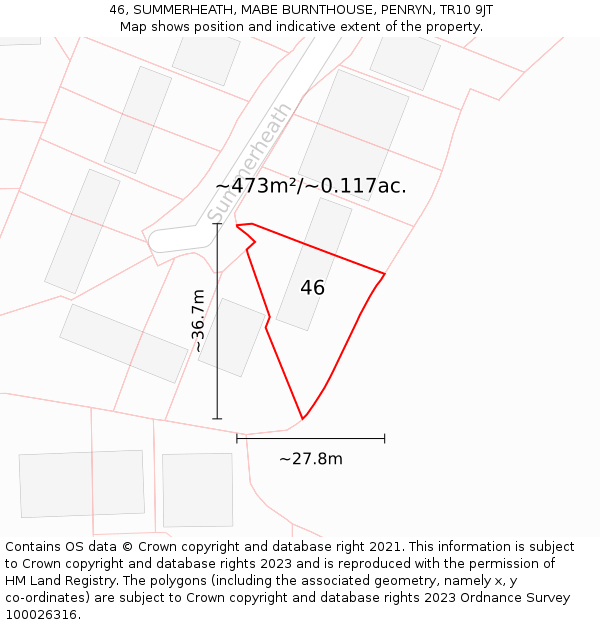 46, SUMMERHEATH, MABE BURNTHOUSE, PENRYN, TR10 9JT: Plot and title map