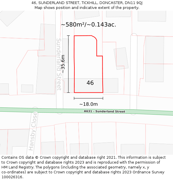 46, SUNDERLAND STREET, TICKHILL, DONCASTER, DN11 9QJ: Plot and title map