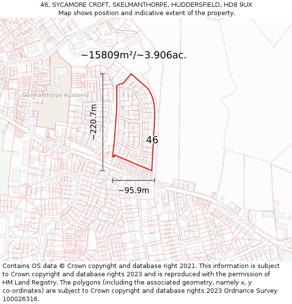 46, SYCAMORE CROFT, SKELMANTHORPE, HUDDERSFIELD, HD8 9UX: Plot and title map