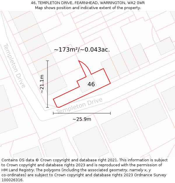 46, TEMPLETON DRIVE, FEARNHEAD, WARRINGTON, WA2 0WR: Plot and title map