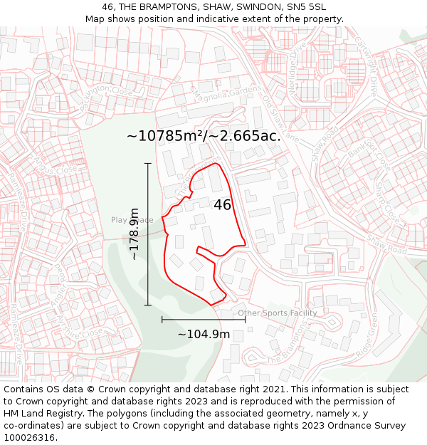 46, THE BRAMPTONS, SHAW, SWINDON, SN5 5SL: Plot and title map