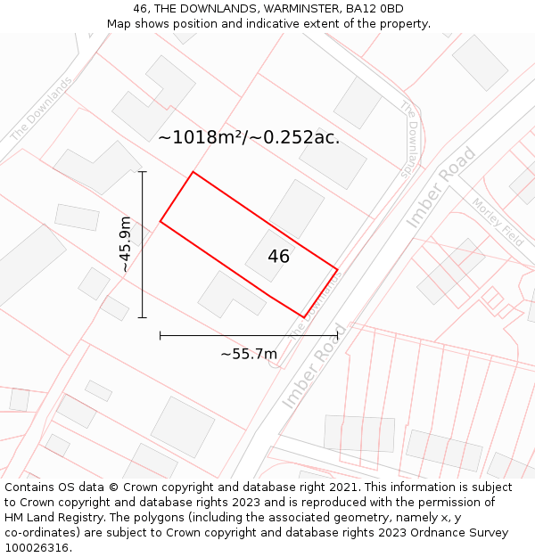 46, THE DOWNLANDS, WARMINSTER, BA12 0BD: Plot and title map