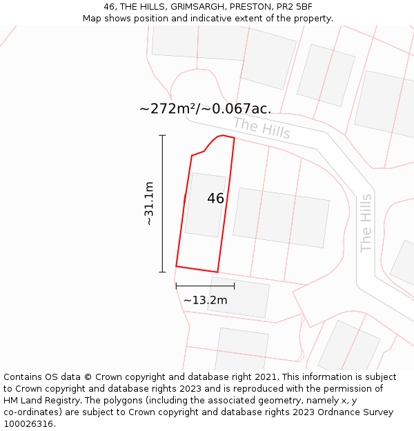 46, THE HILLS, GRIMSARGH, PRESTON, PR2 5BF: Plot and title map