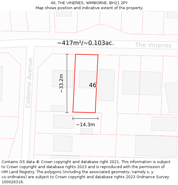 46, THE VINERIES, WIMBORNE, BH21 2PY: Plot and title map