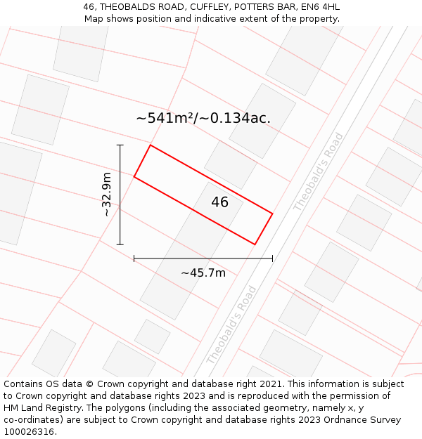 46, THEOBALDS ROAD, CUFFLEY, POTTERS BAR, EN6 4HL: Plot and title map