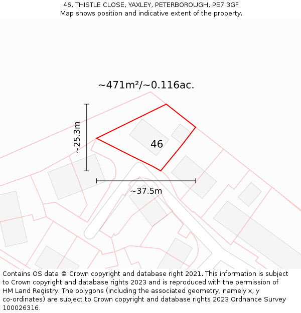 46, THISTLE CLOSE, YAXLEY, PETERBOROUGH, PE7 3GF: Plot and title map