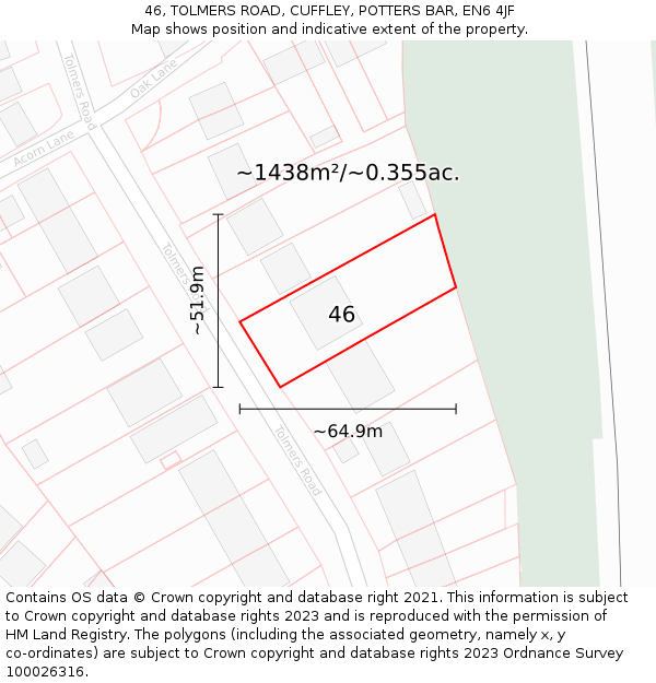 46, TOLMERS ROAD, CUFFLEY, POTTERS BAR, EN6 4JF: Plot and title map