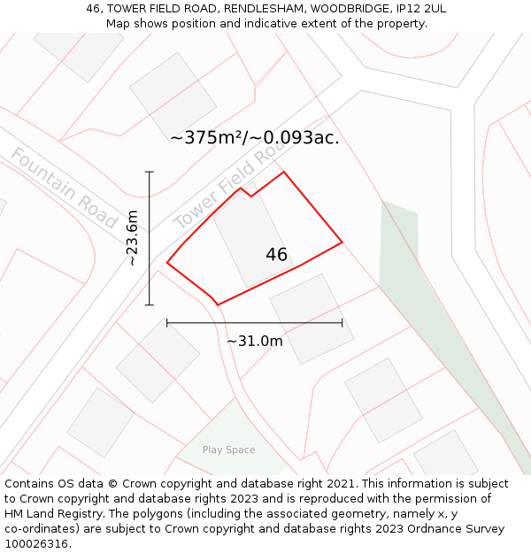 46, TOWER FIELD ROAD, RENDLESHAM, WOODBRIDGE, IP12 2UL: Plot and title map