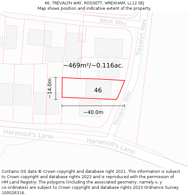 46, TREVALYN WAY, ROSSETT, WREXHAM, LL12 0EJ: Plot and title map