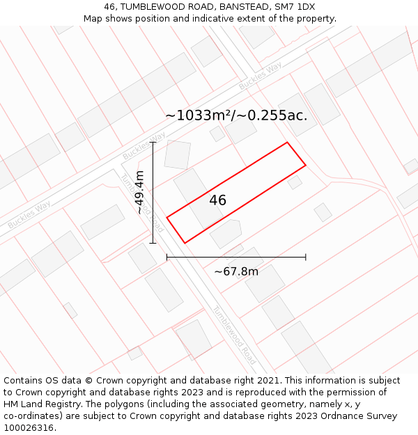 46, TUMBLEWOOD ROAD, BANSTEAD, SM7 1DX: Plot and title map