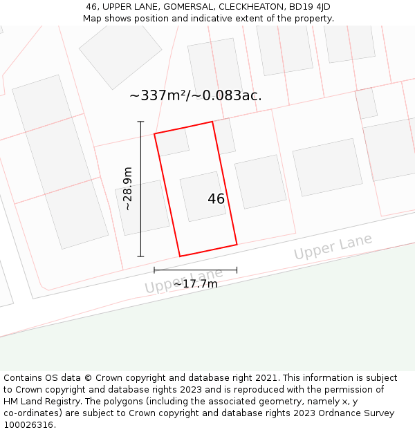 46, UPPER LANE, GOMERSAL, CLECKHEATON, BD19 4JD: Plot and title map