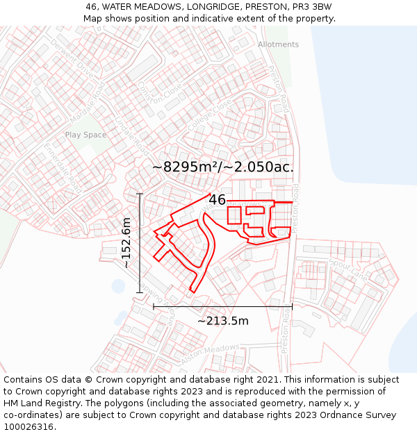 46, WATER MEADOWS, LONGRIDGE, PRESTON, PR3 3BW: Plot and title map