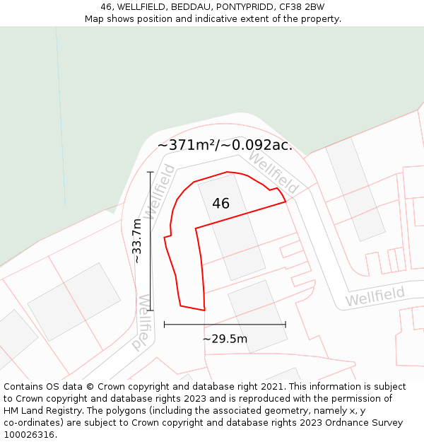 46, WELLFIELD, BEDDAU, PONTYPRIDD, CF38 2BW: Plot and title map