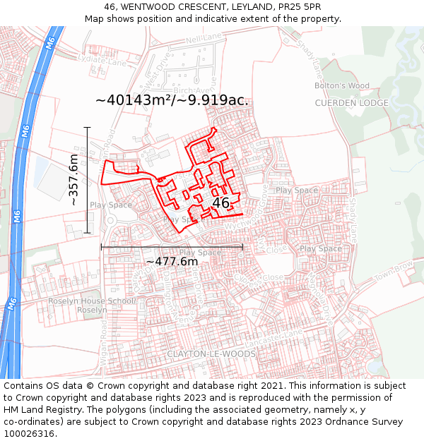 46, WENTWOOD CRESCENT, LEYLAND, PR25 5PR: Plot and title map