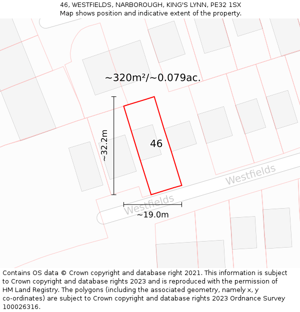 46, WESTFIELDS, NARBOROUGH, KING'S LYNN, PE32 1SX: Plot and title map