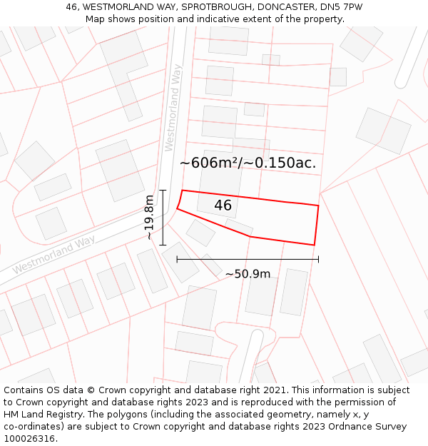 46, WESTMORLAND WAY, SPROTBROUGH, DONCASTER, DN5 7PW: Plot and title map