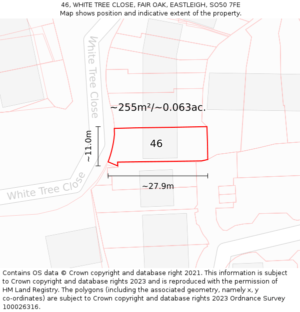 46, WHITE TREE CLOSE, FAIR OAK, EASTLEIGH, SO50 7FE: Plot and title map