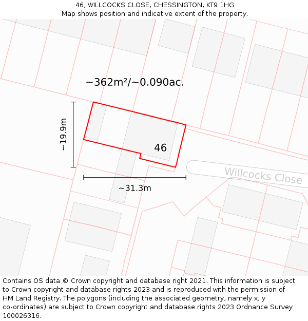 46, WILLCOCKS CLOSE, CHESSINGTON, KT9 1HG: Plot and title map