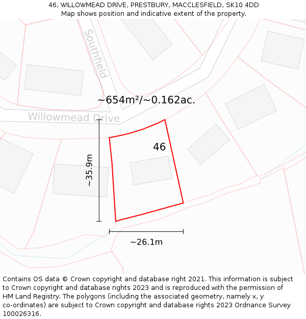 46, WILLOWMEAD DRIVE, PRESTBURY, MACCLESFIELD, SK10 4DD: Plot and title map