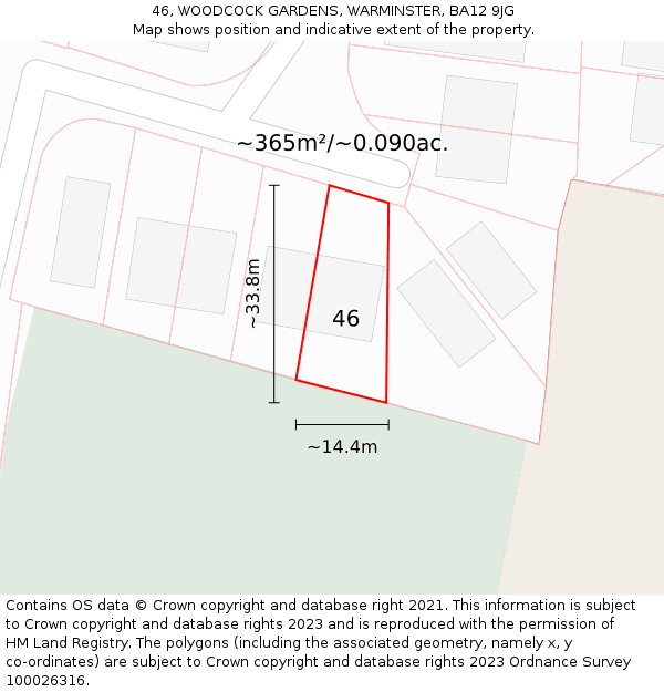 46, WOODCOCK GARDENS, WARMINSTER, BA12 9JG: Plot and title map