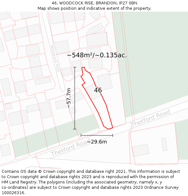 46, WOODCOCK RISE, BRANDON, IP27 0BN: Plot and title map