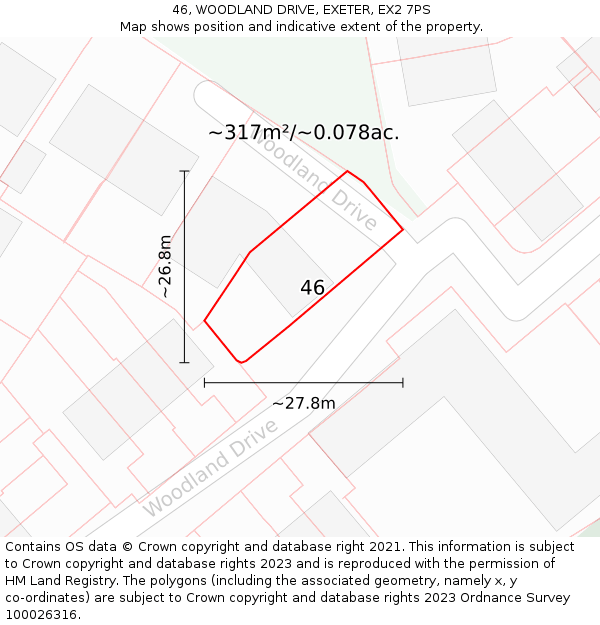 46, WOODLAND DRIVE, EXETER, EX2 7PS: Plot and title map