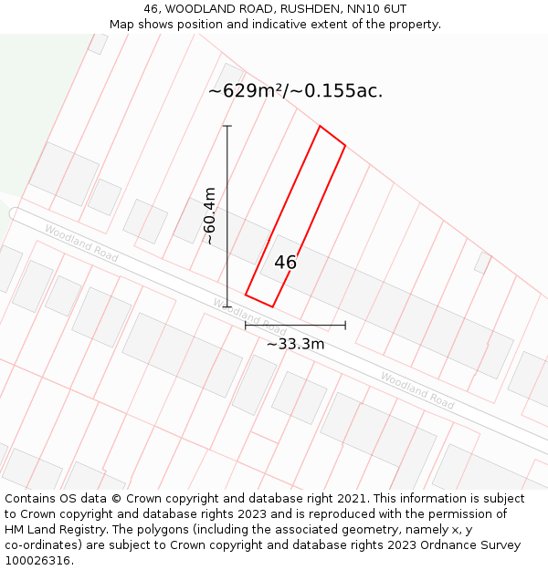 46, WOODLAND ROAD, RUSHDEN, NN10 6UT: Plot and title map