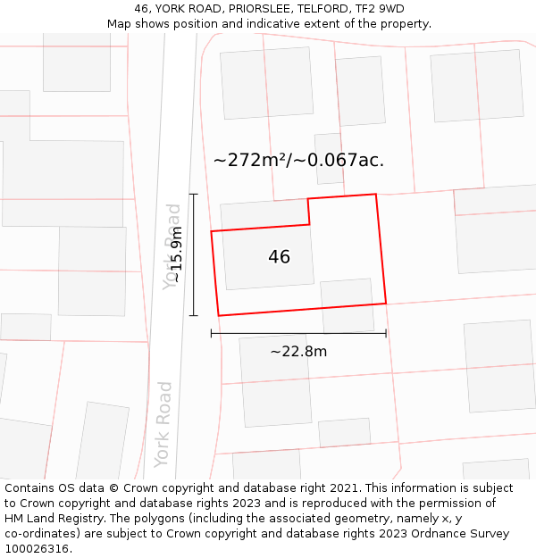 46, YORK ROAD, PRIORSLEE, TELFORD, TF2 9WD: Plot and title map