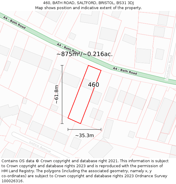 460, BATH ROAD, SALTFORD, BRISTOL, BS31 3DJ: Plot and title map